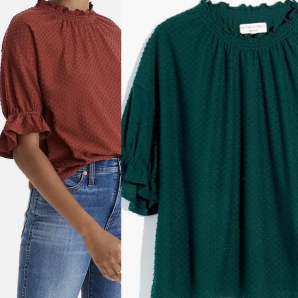 Madewell Clipdot Ruffle Top Smokey Spruce - Picture 1 of 10
